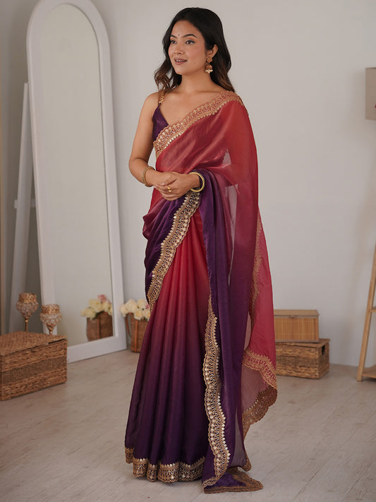 Wine & Pink Ombre Satin Saree