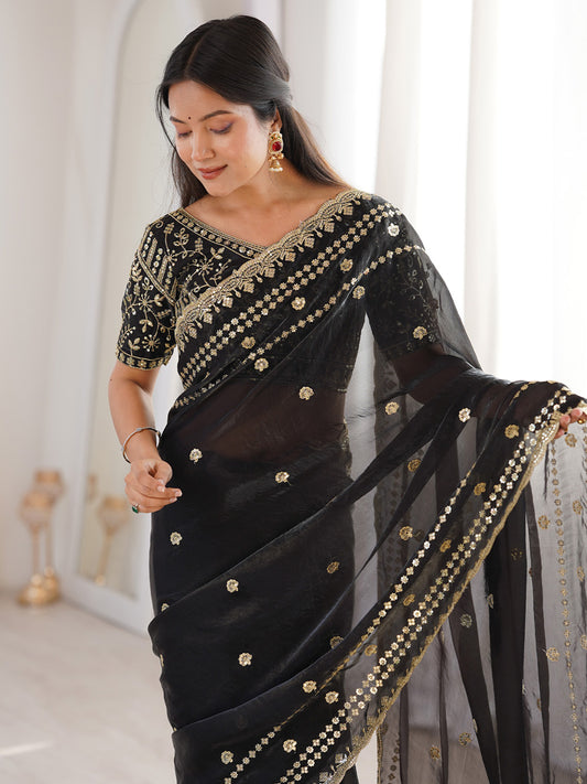 Black Satin Emblished Party Wear Saree