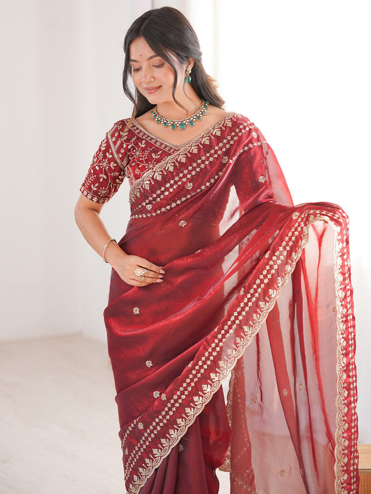 Wine Maroon Satin Emblished Party Wear Saree