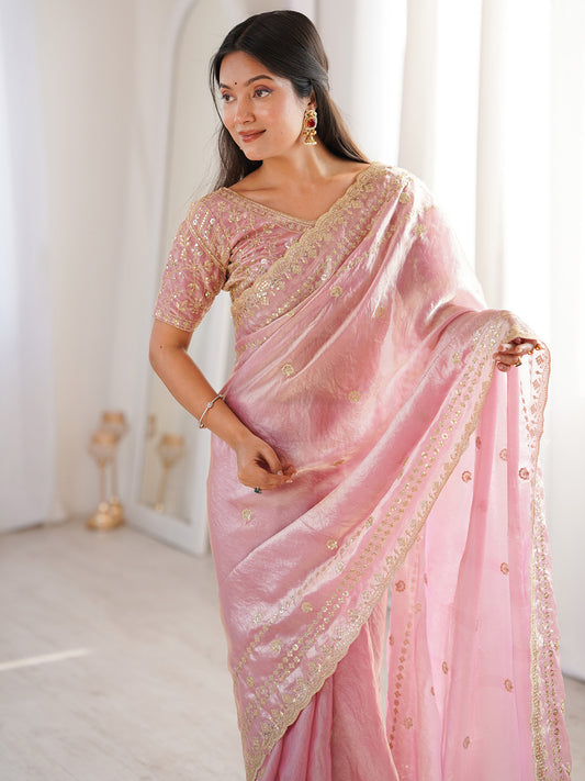Light Pink Satin Emblished Party Wear Saree