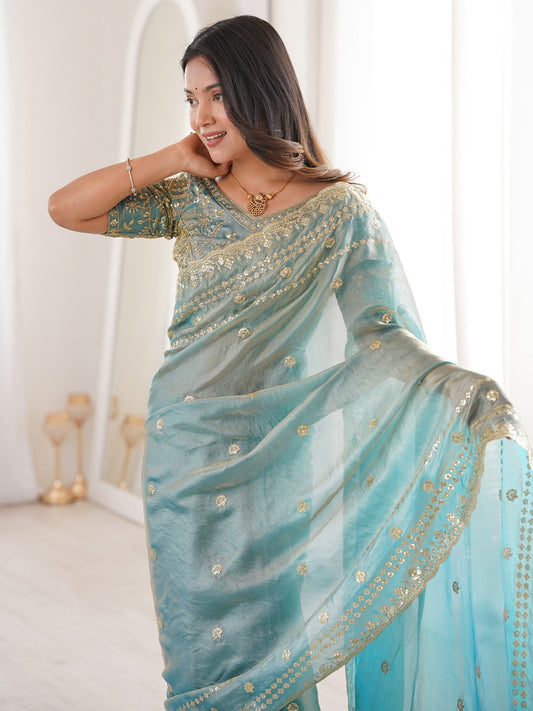 Light Blue Satin Emblished Party Wear Saree