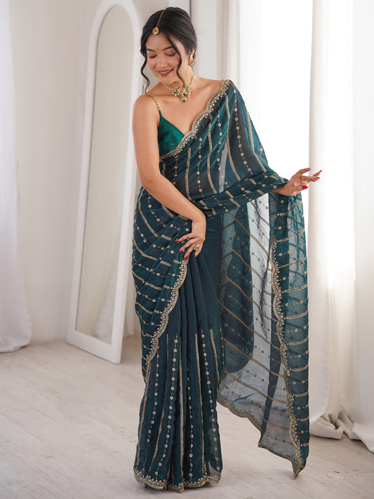 Teal Green Satin Emblished Party Wear Saree