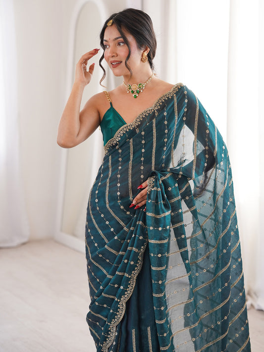 Teal Green Satin Emblished Party Wear Saree