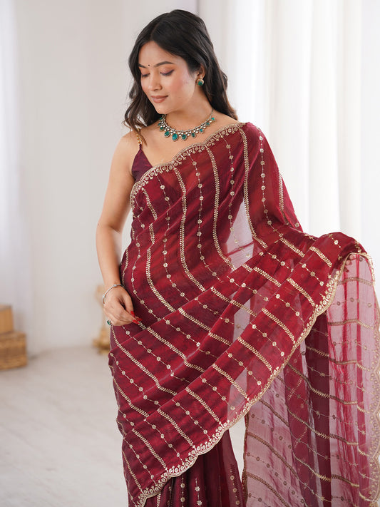 Maroon Satin Emblished Party Wear Saree