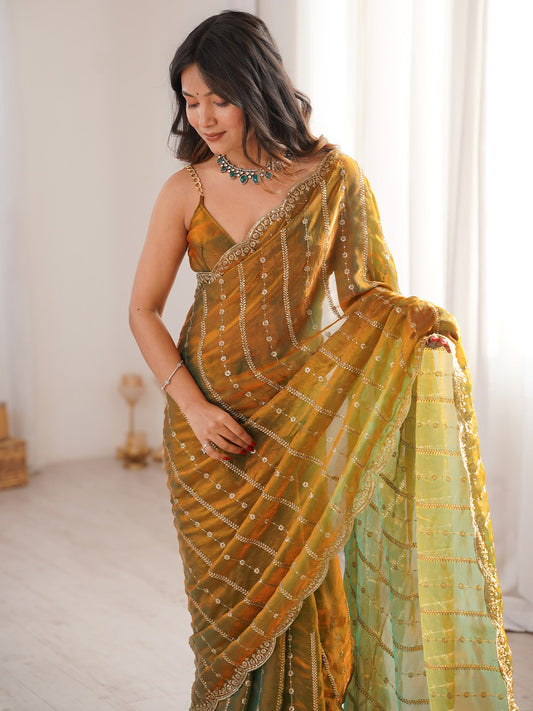 Gold Satin Emblished Party Wear Saree