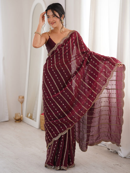 Maroon Satin Emblished Party Wear Saree