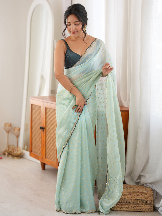 Mint Green Satin Emblished Party Wear Saree