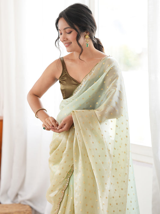 Light Green Satin Emblished Party Wear Saree