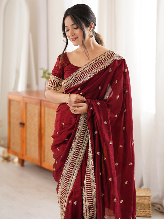 Maroon Embroidered Art Silk Saree