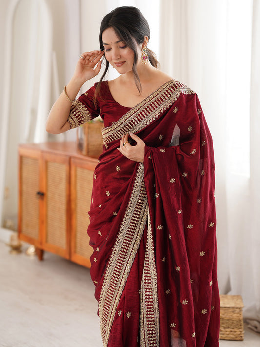 Maroon Zari Embroidery with Butti Work Chiffon Blend