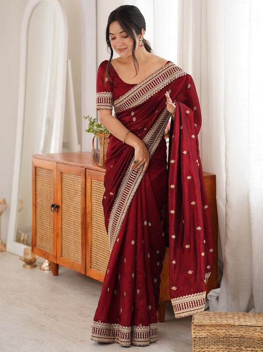 Maroon Zari Embroidery with Butti Work Chiffon Blend