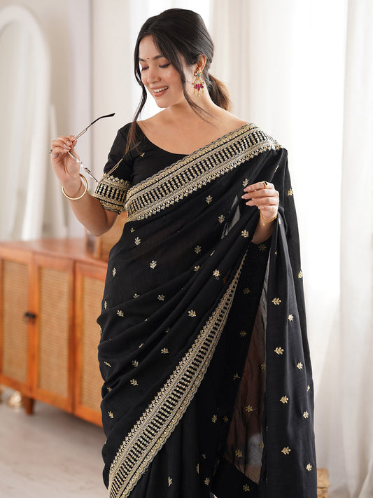 Black Chiffon Embroidery with Zari Thread Work