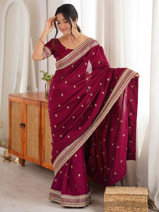 Wine Purple Embroidered Designer Tissue Silk Blend Zari Border