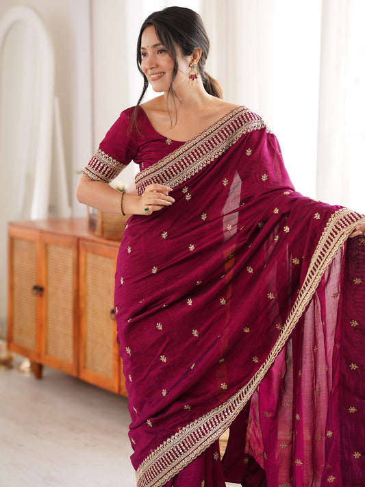 Wine Purple Embroidered Designer Tissue Silk Blend Zari Border