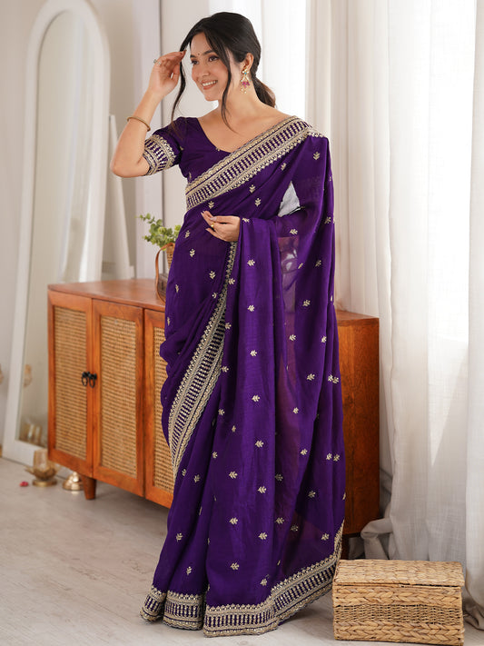 Royal Purple Vichitra Silk Blend Embroidery with Butti Work