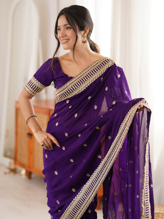 Royal Purple Vichitra Silk Blend Embroidery with Butti Work