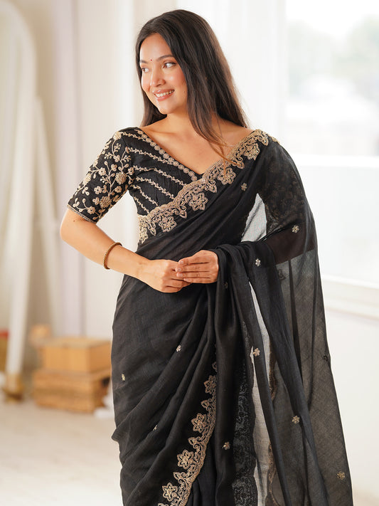 Jet Black Embroidered Saree