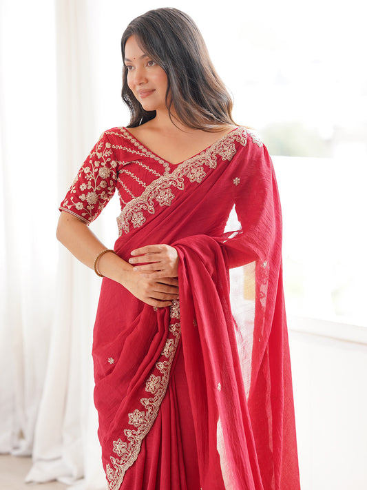 Crimson Red Embroidered Saree