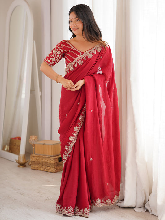 Crimson Red Embroidered Saree