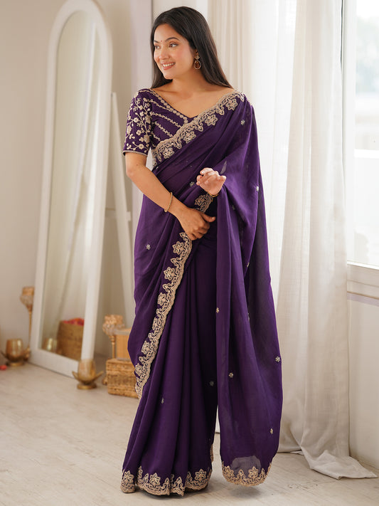 Deep Purple Vichitra Silk Saree