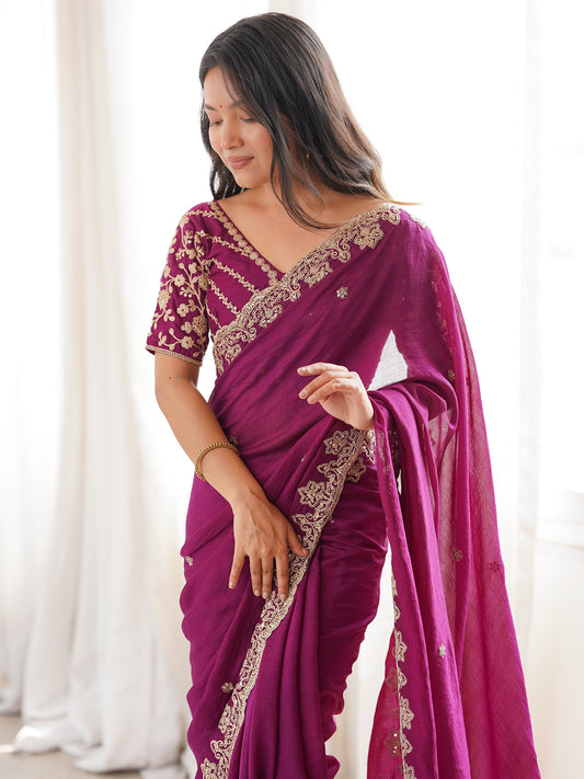 Magenta Pink Embroidered Vichitra Silk Saree