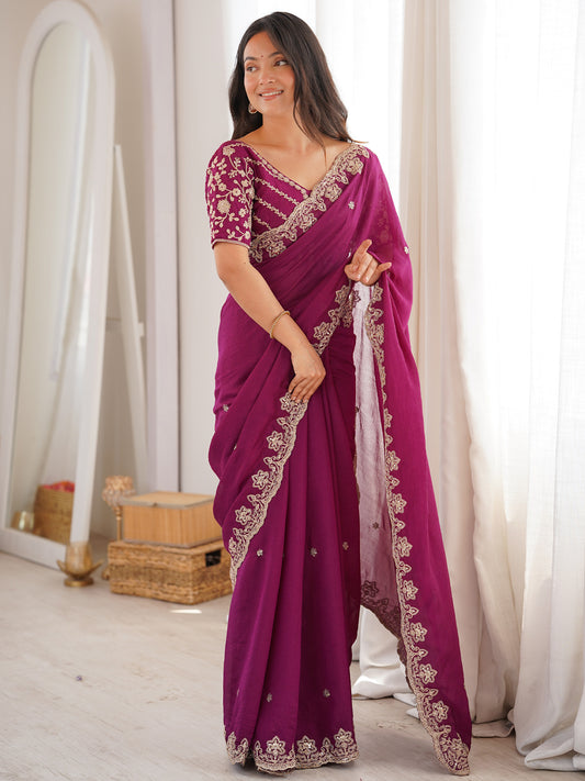 Magenta Pink Embroidered Vichitra Silk Saree