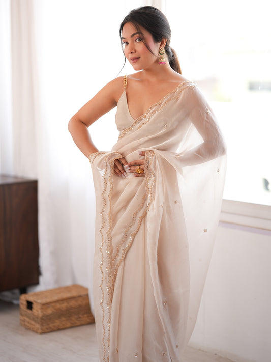 Off-White Satin Silk Saree