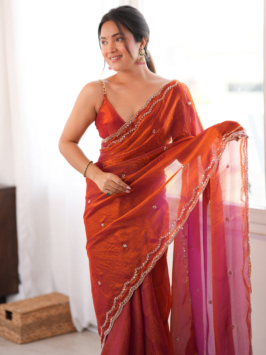 Rust Orange Satin Silk Saree