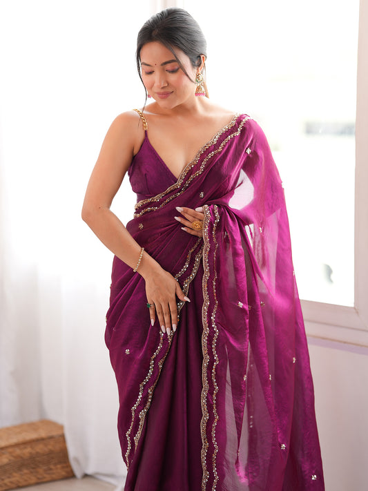 Magenta Purple Satin Silk Saree