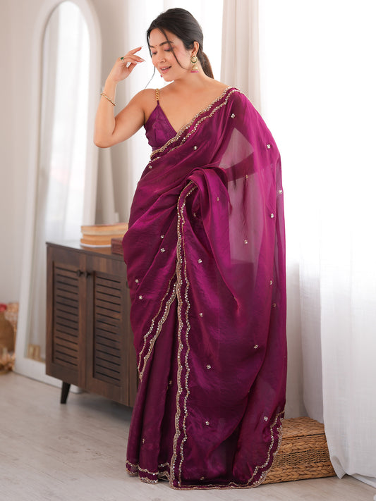 Magenta Purple Satin Silk Saree
