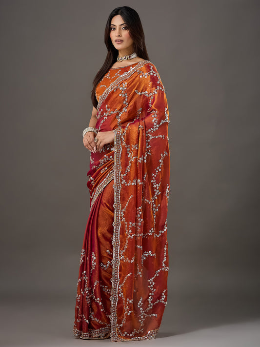 Rust Orange Sequin Embroidered Shimmer Saree