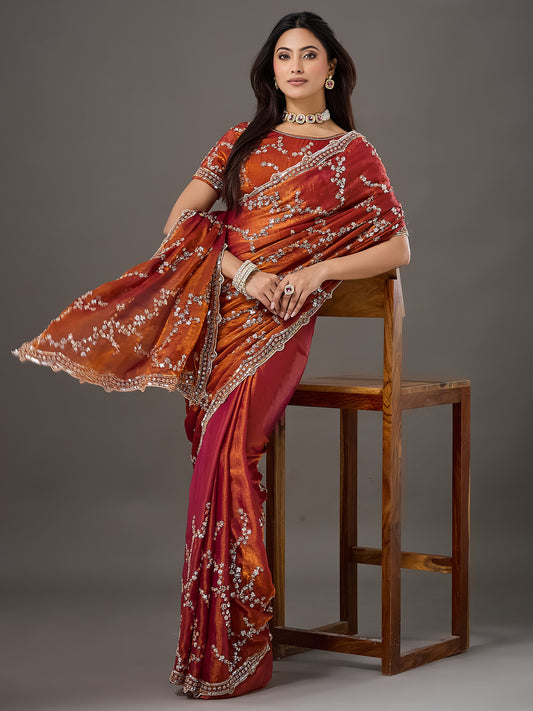 Rust Orange Sequin Embroidered Shimmer Saree