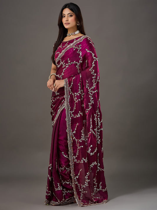 Wine Sequin Embroidered Shimmer Saree