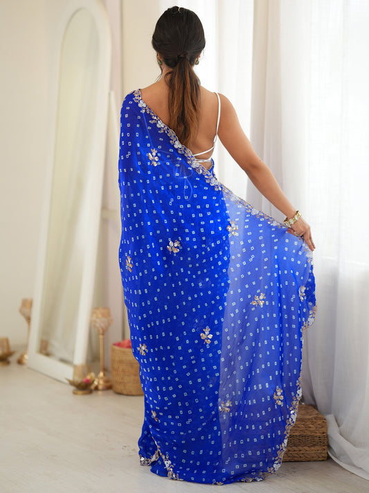 Royal Blue Bandhani Print Mirror Work Saree