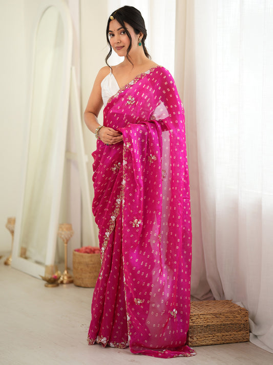 Rani Pink Bandhani Print Mirror Work Saree