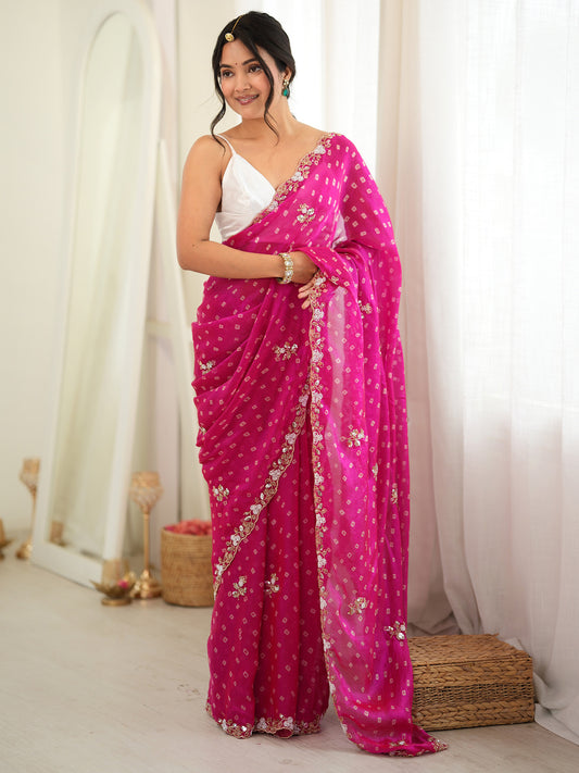 Rani Pink Bandhani Print Mirror Work Saree