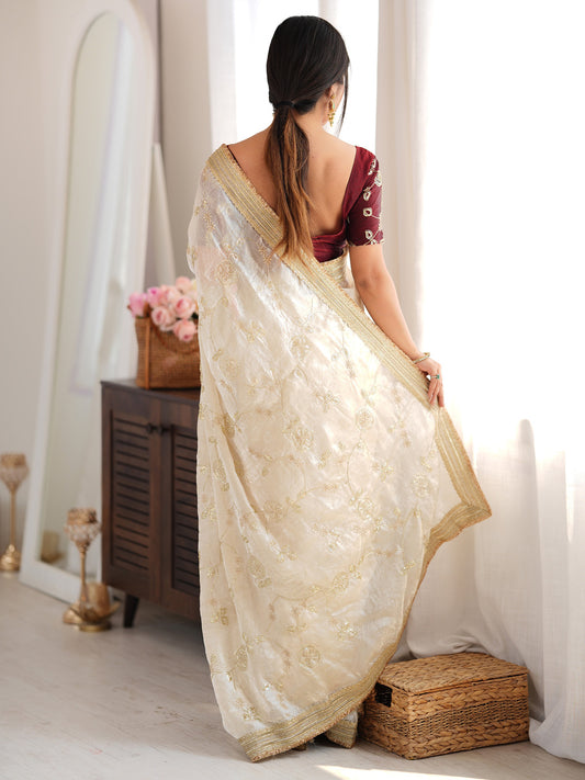 Ivory Zari Embroidered Organza Saree