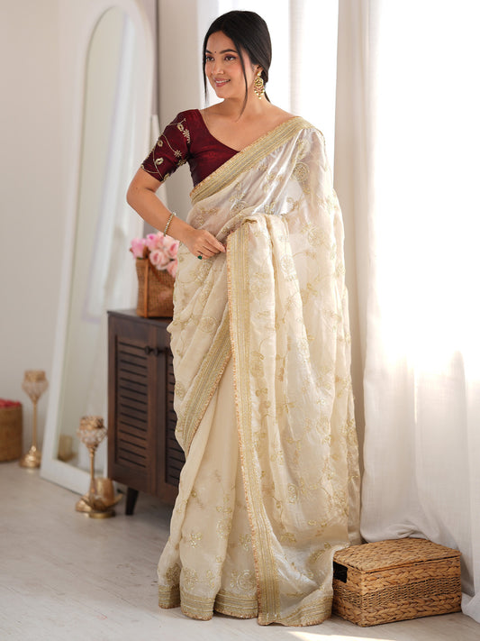 Ivory Zari Embroidered Organza Saree
