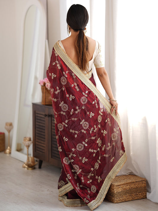 Maroon Zari Embroidered Organza Saree