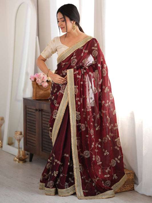 Maroon Zari Embroidered Organza Saree