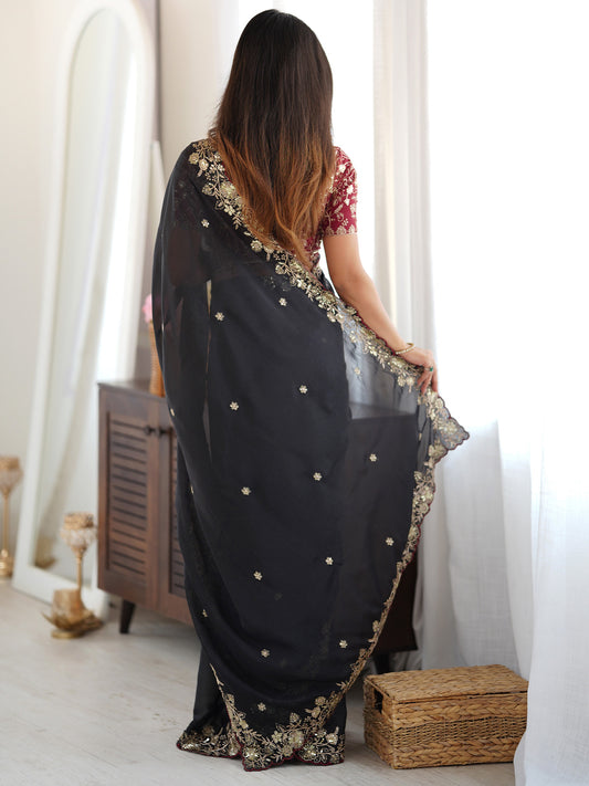 Black Zari Embroidered Georgette Saree