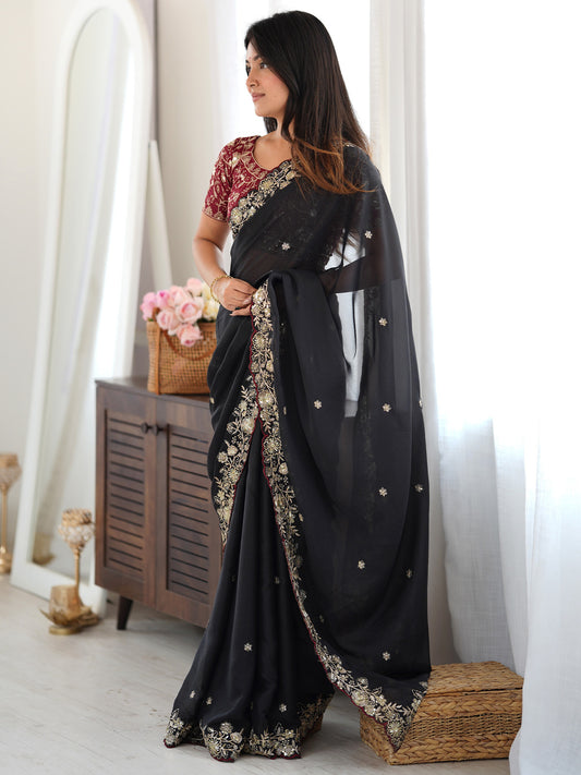 Black Zari Embroidered Georgette Saree