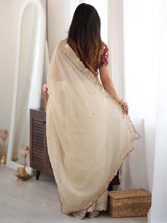 Cream Zari Embroidered Georgette Saree