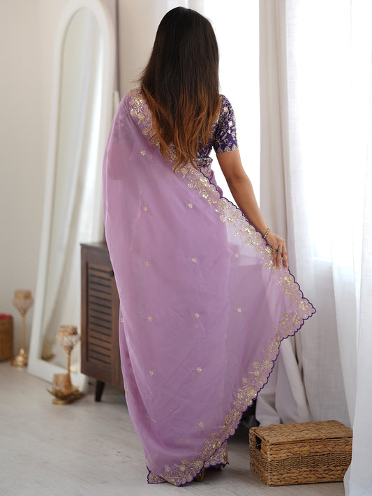 Lavender Zari Embroidered Georgette Saree