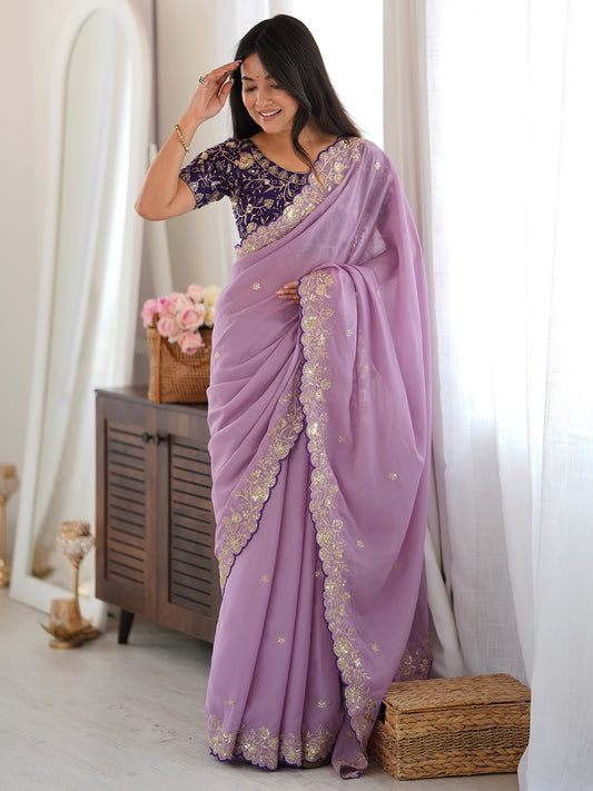 Lavender Zari Embroidered Georgette Saree