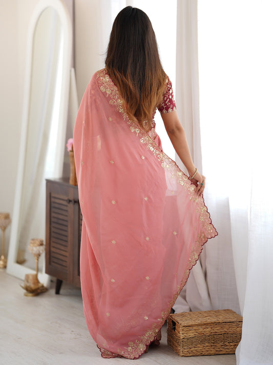 Peach Zari Embroidered Georgette Saree