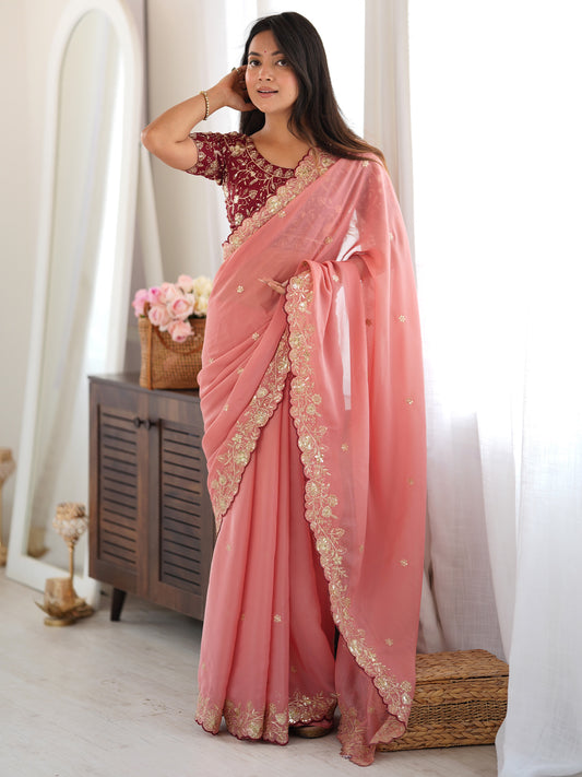 Peach Zari Embroidered Georgette Saree