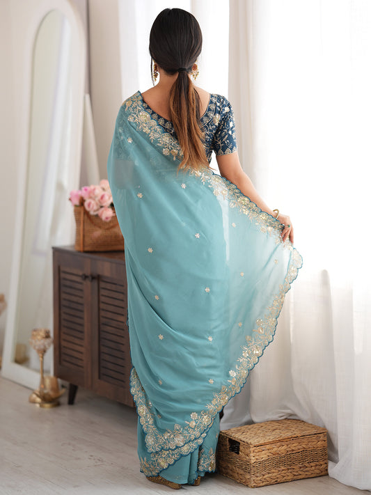 Teal Blue Shimmer Georgette Embroidered Saree
