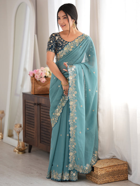 Teal Blue Shimmer Georgette Embroidered Saree