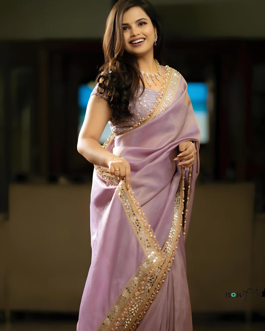 Lavender Organza Saree with Gold Embroidered Border